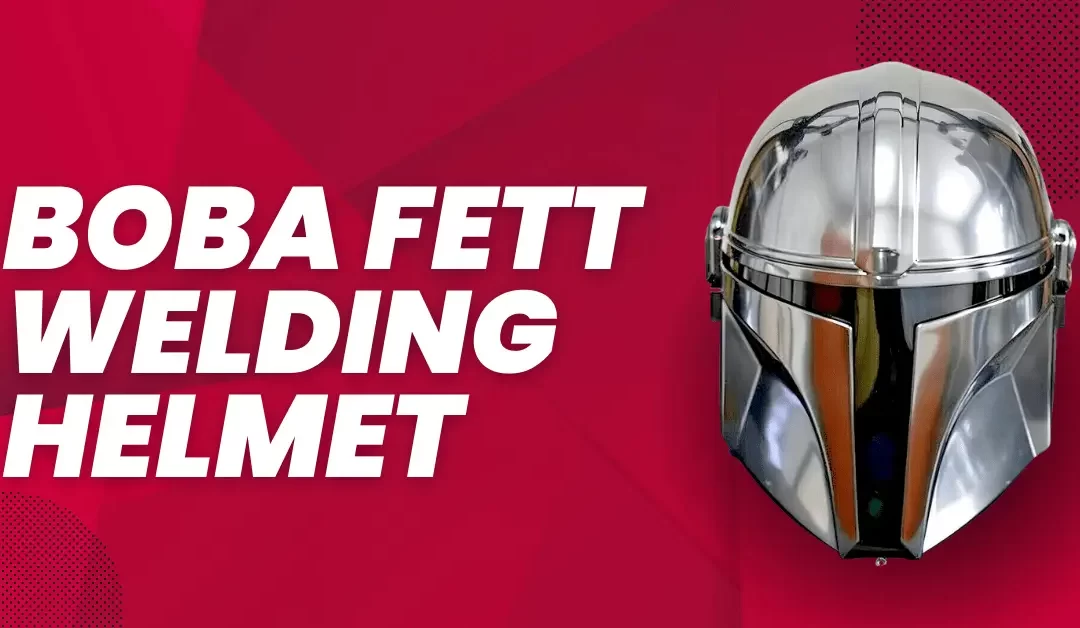 Image of a welding helmet stylized to resemble Boba Fett's iconic Mandalorian helmet from Star Wars.