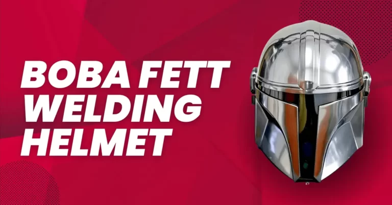 Image of a welding helmet stylized to resemble Boba Fett's iconic Mandalorian helmet from Star Wars.
