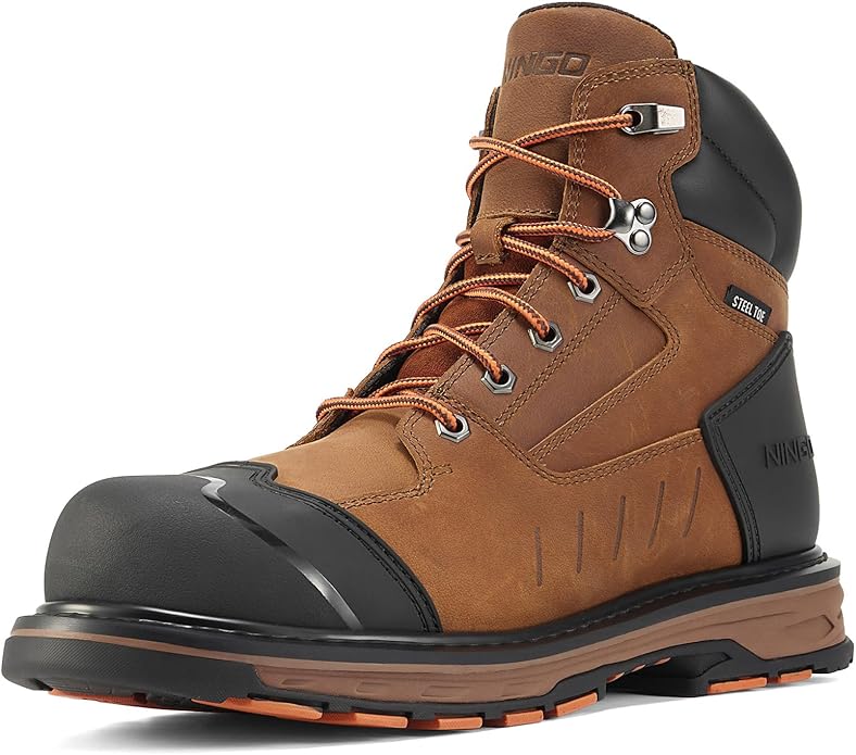 NINGO Steel Toe Work Boots for Men Full-Grain Leather