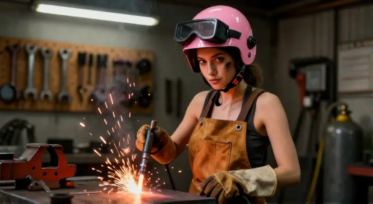 girl pink welding helmet